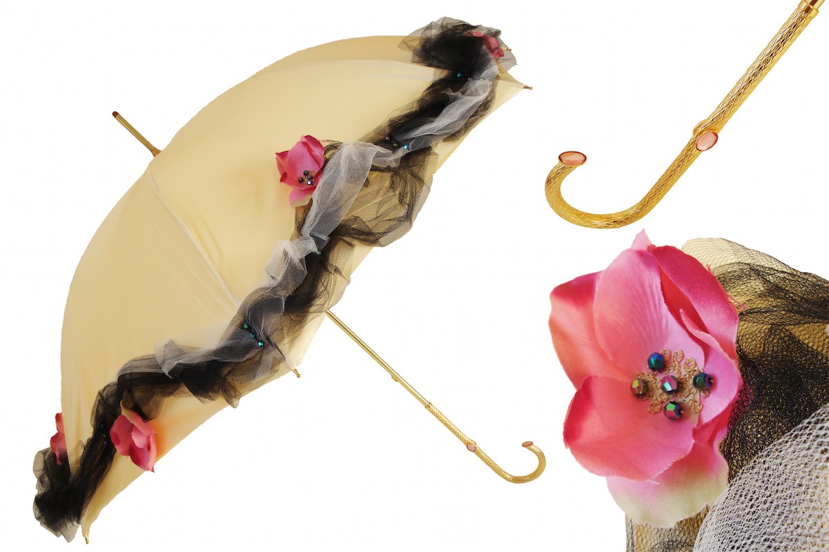 Pasotti Draped Luxury Umbrella with Flowers Applications, Double Cloth