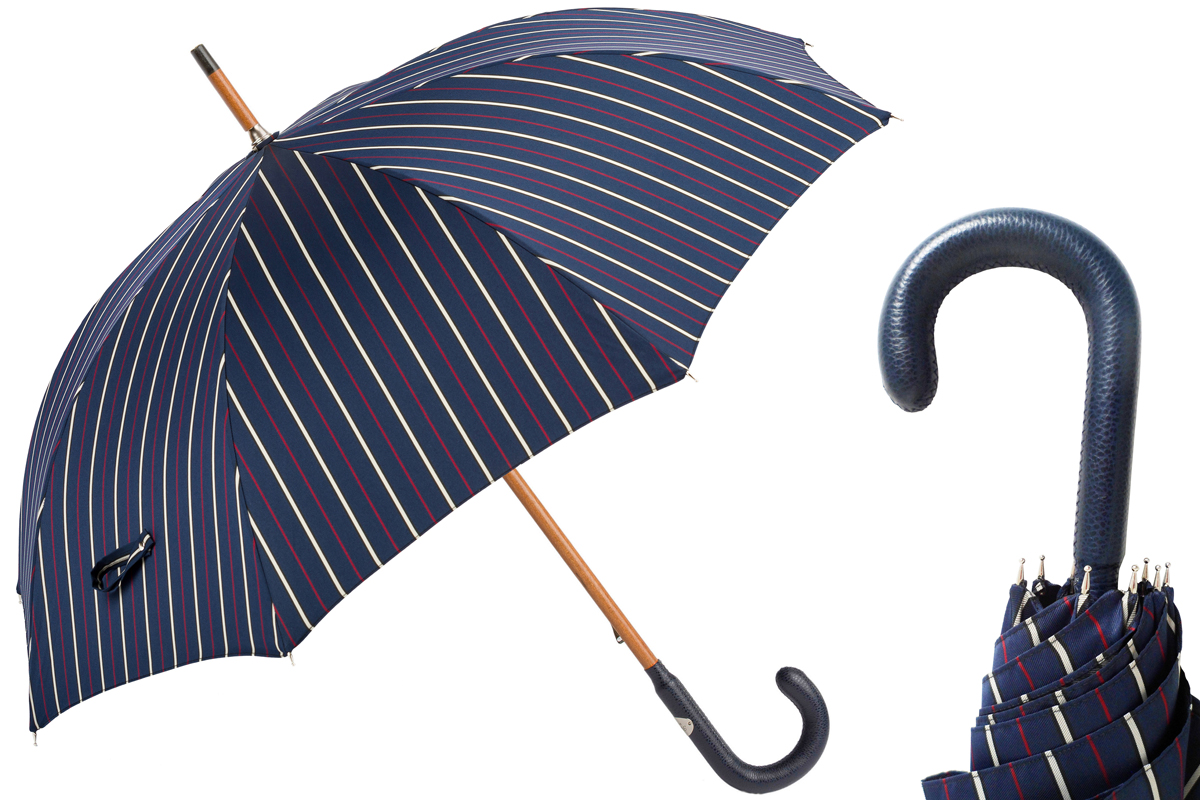 Pasotti Bespoke Umbrella, Navy Leather Handle Italian Umbrellas