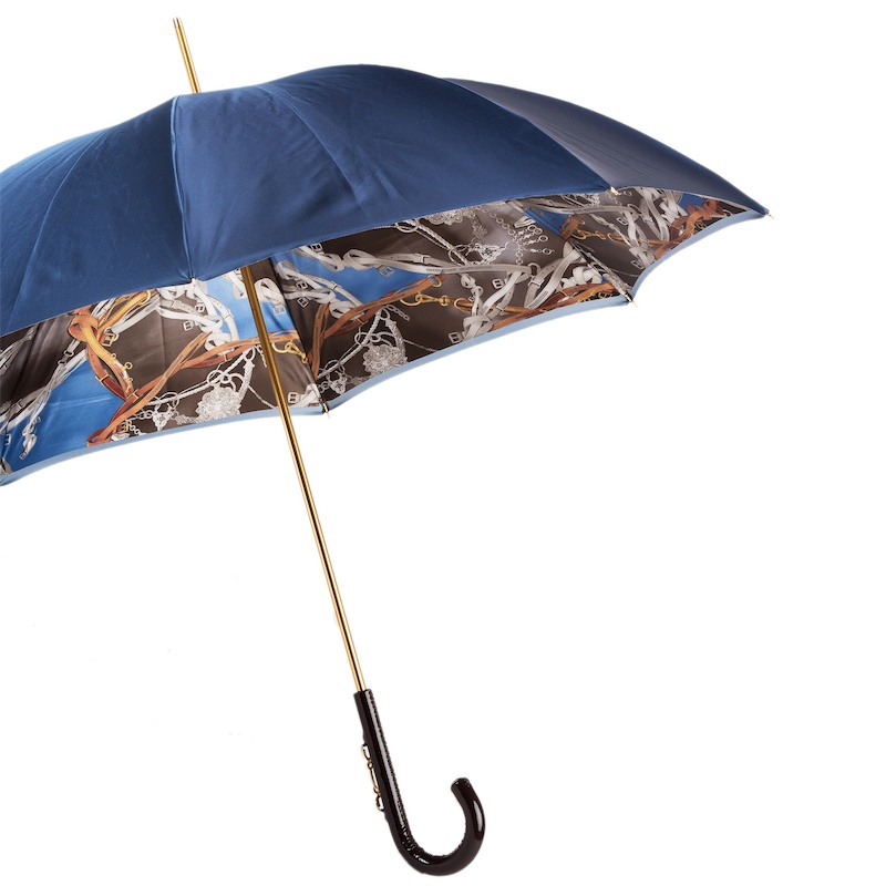 Pasotti Navy Umbrella with Bridles Print, Double Cloth Leather Handle