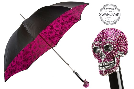 Pasotti Schwarzer Regenschirm mit Rosenmuster und Totenkopf 