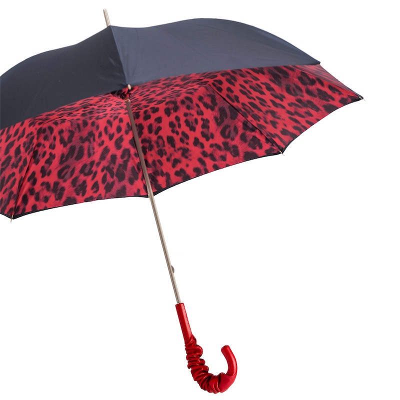 Pasotti Red Leopard Print Umbrella, Double Cloth Deluxe Women's Umbrellas