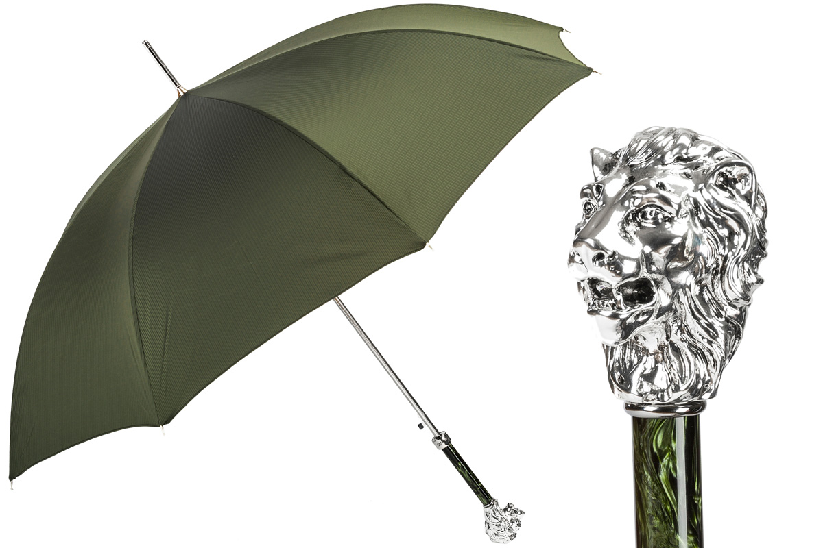 Pasotti Green Umbrella with Silver Lion Handle - Italian Umbrella