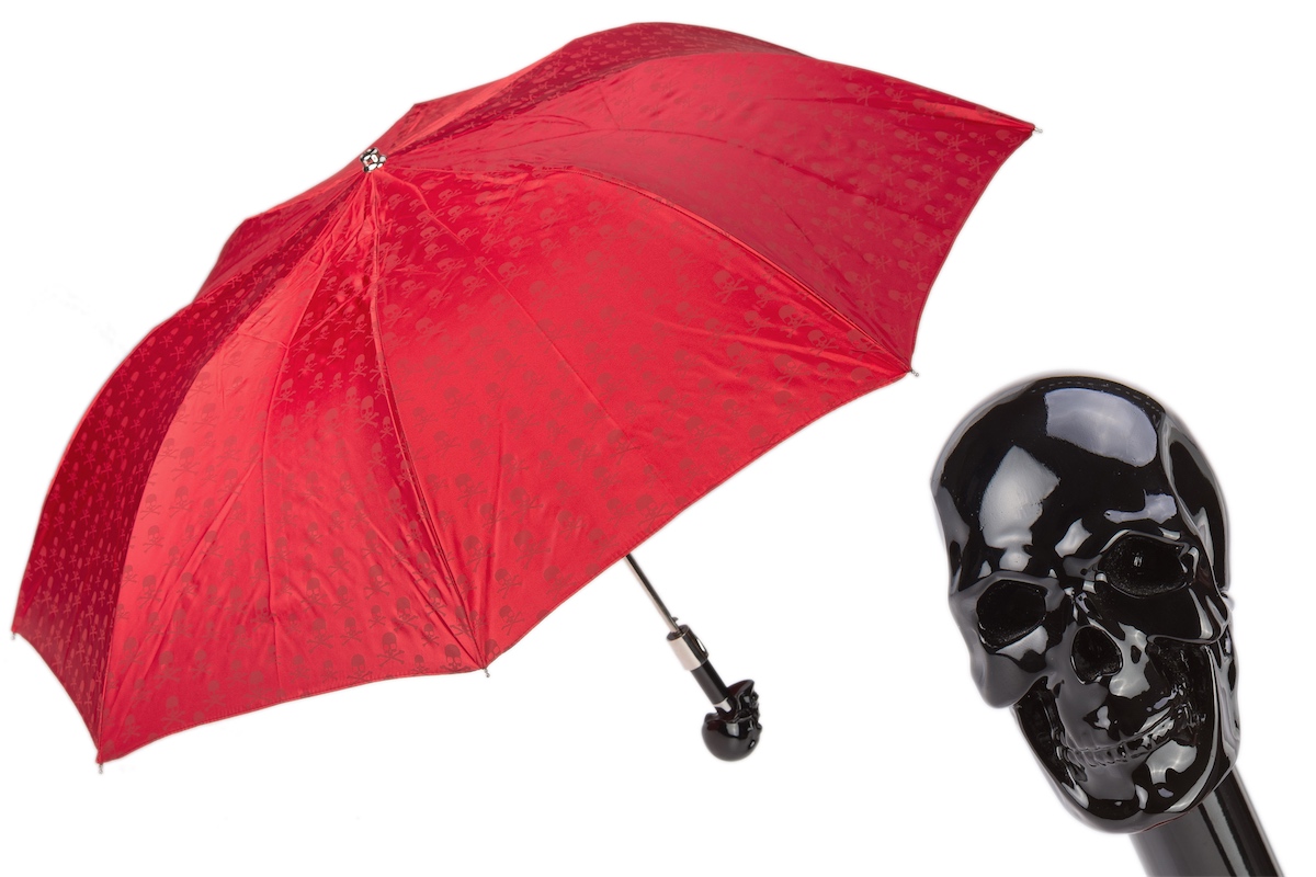 64 PRT W33ne - Red Folding Umbrella with Black Skull Handle