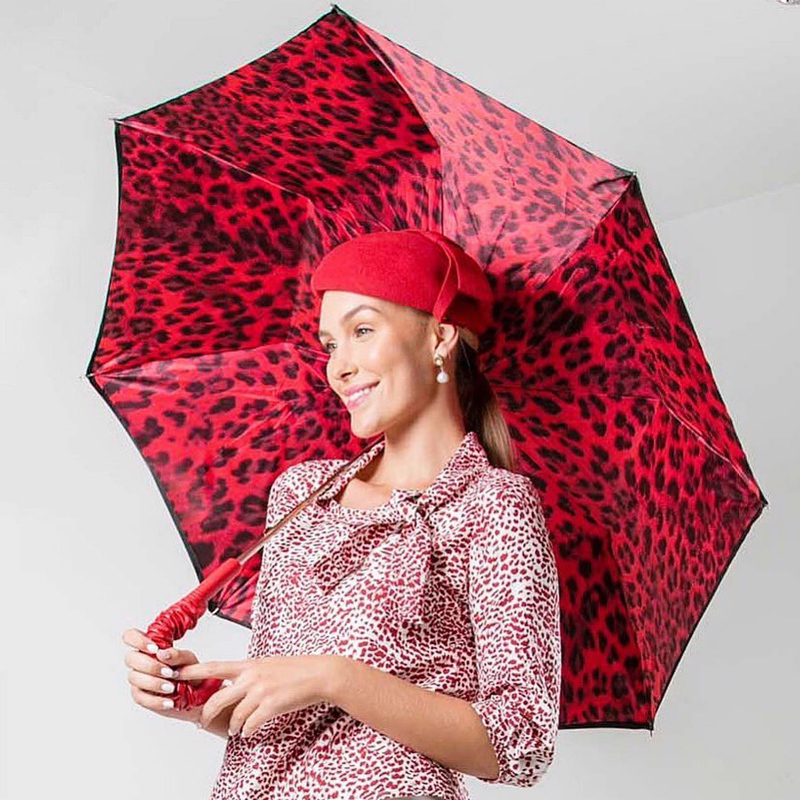 Pasotti Red Leopard Print Umbrella, Double Cloth Deluxe Women's Umbrellas