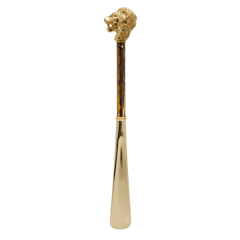 Pasotti Gold Lion Shoehorn Pearly Brown Shaft Gold Luxury Shoehorns